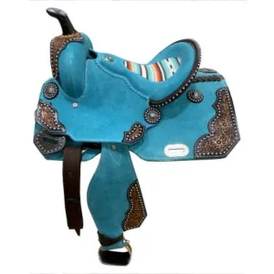 12" DOUBLE T TEAL ROUGH OUT BARREL STYLE SADDLE WITH SOUTHWEST PRINTED INLAY