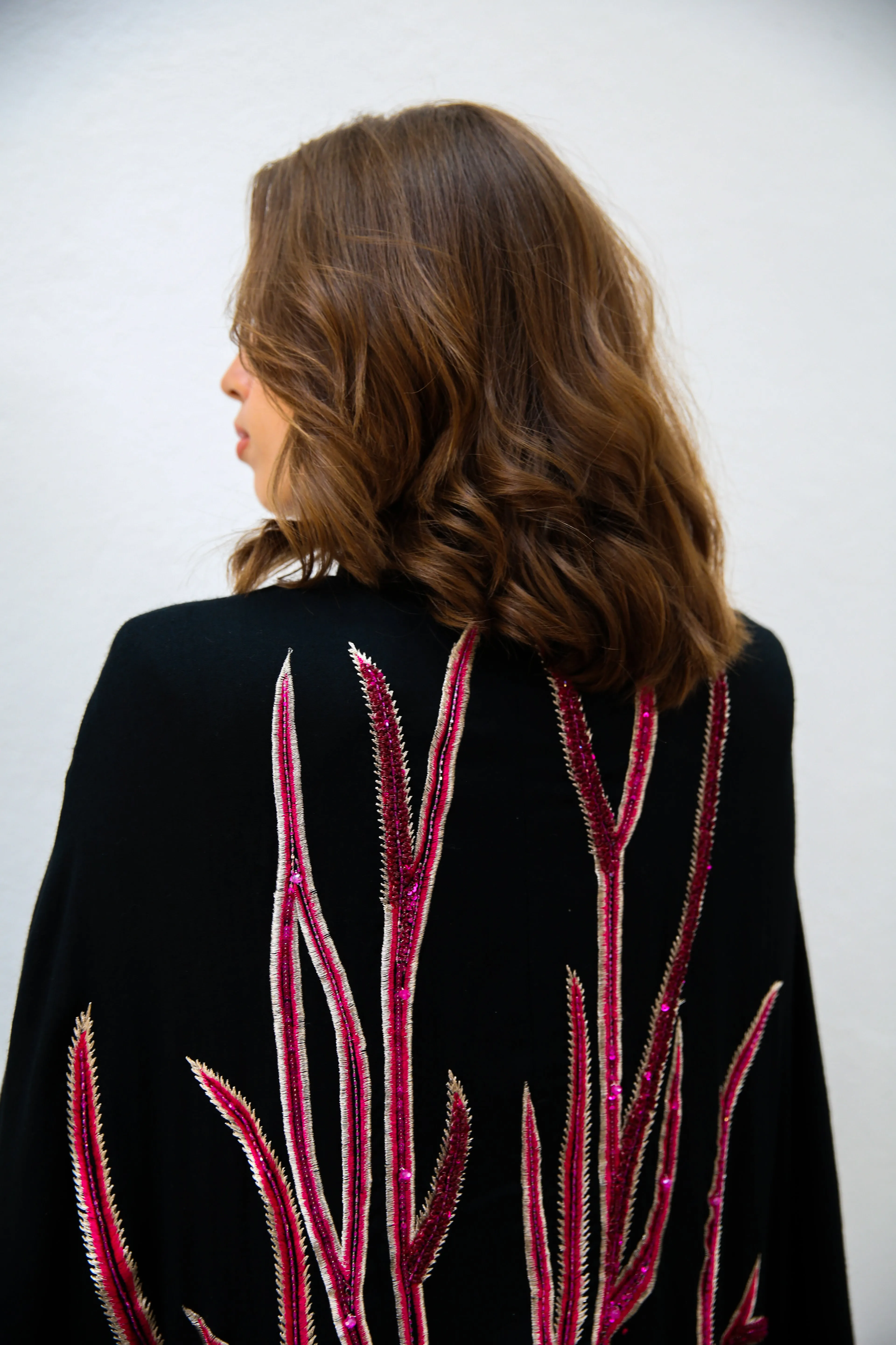 Alara Hand Embroidered Silk Cape Black And Pink