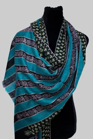 Blue black stripes Pure Pashmina Cashmere Scarf Wrap, Hand Embroided Handwoven