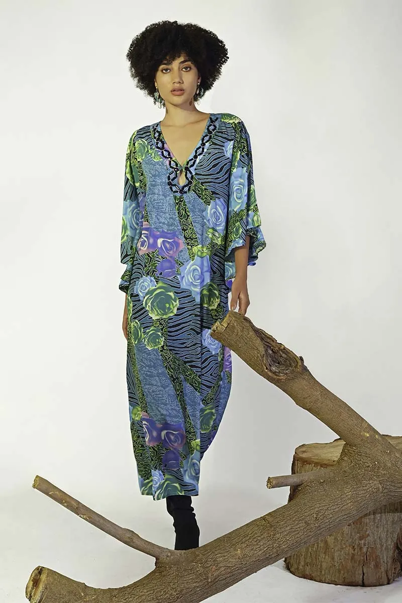 Blue Carribean Floral Printed Maxi Dress