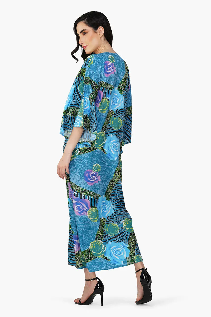 Blue Carribean Floral Printed Maxi Dress