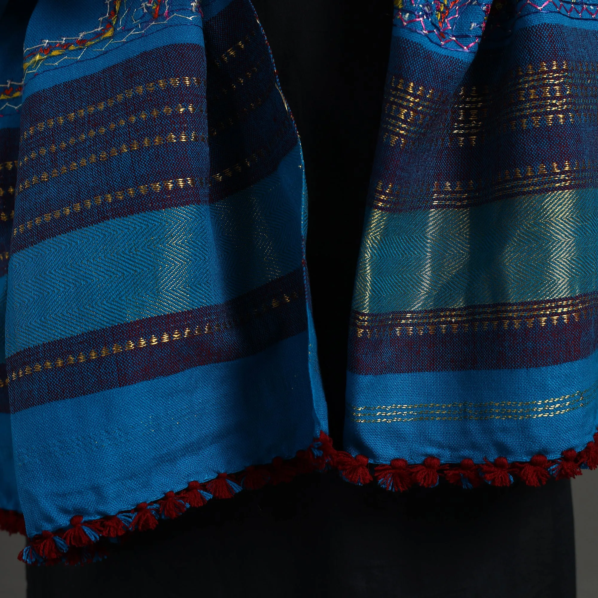 Blue - Kutch Neran Hand Embroidery Mirror Work Woollen Shawl 104