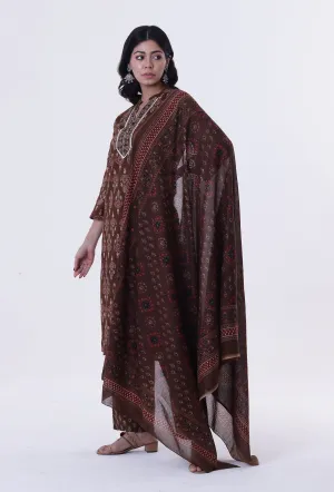 Brown & Multicolor Cotton Block Printed Dupatta