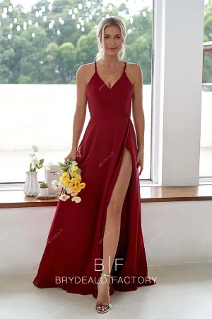 Burgundy Chiffon V-Neck Halter Slit Long Dress