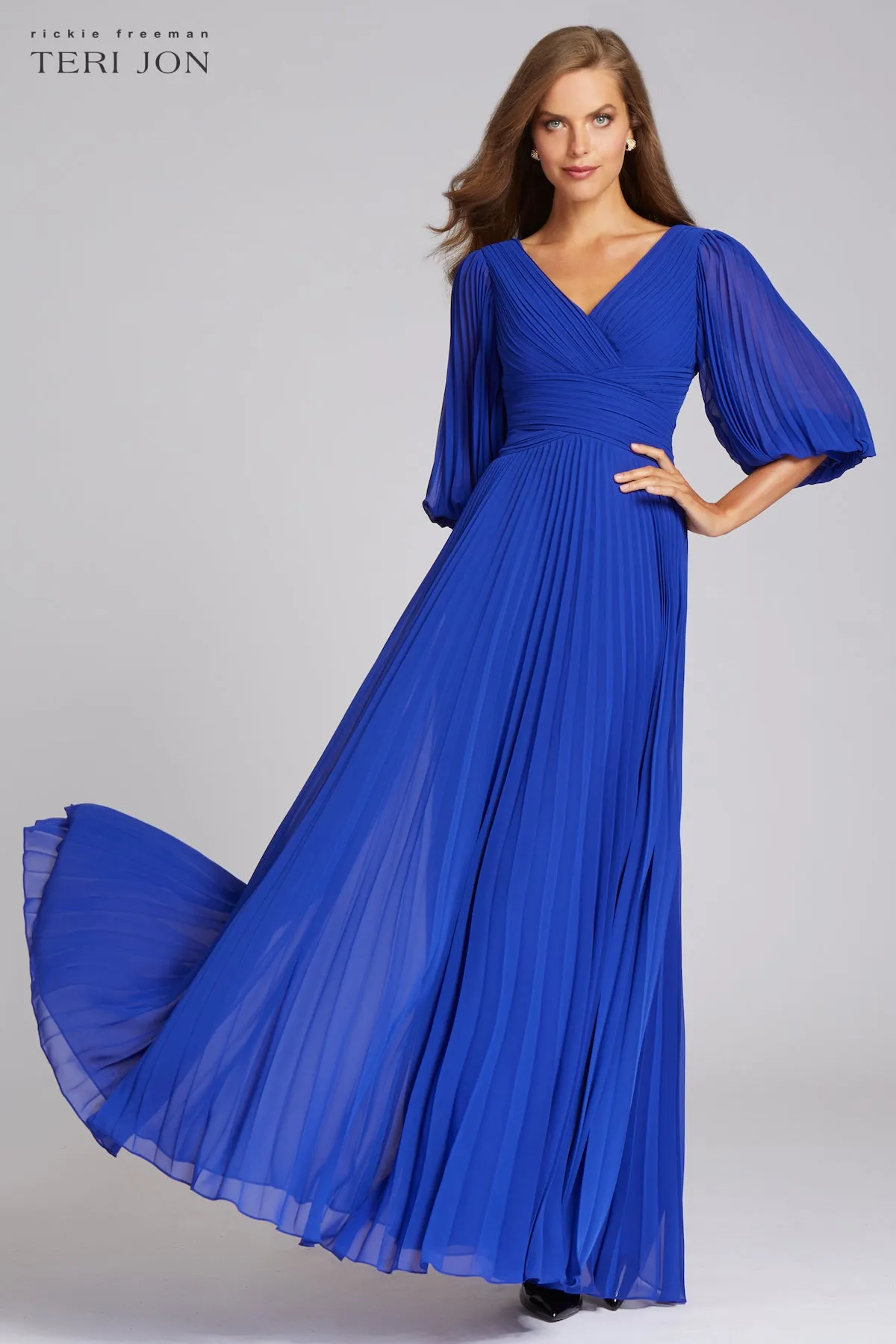 Chiffon Puff Sleeve Pleated VNeck Gown