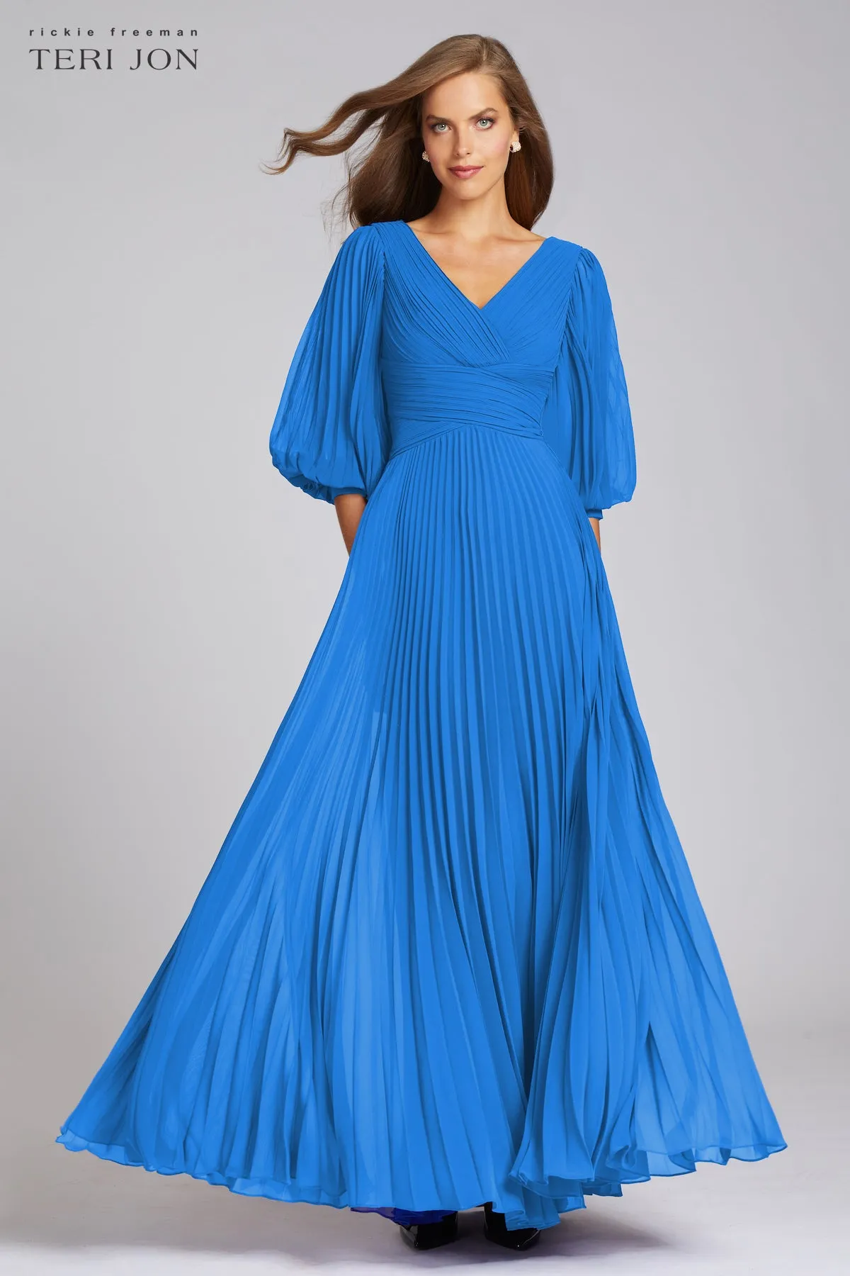 Chiffon Puff Sleeve Pleated VNeck Gown