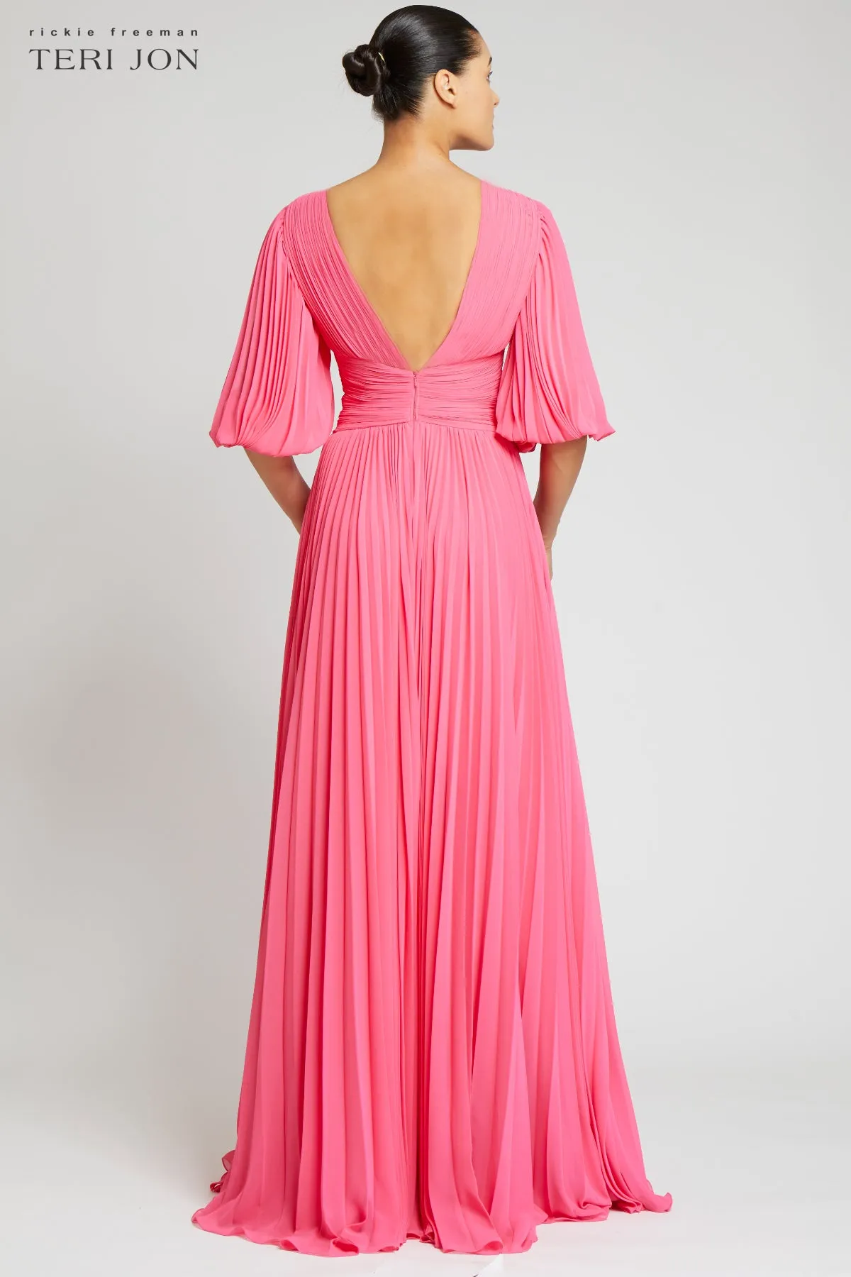 Chiffon Puff Sleeve Pleated VNeck Gown