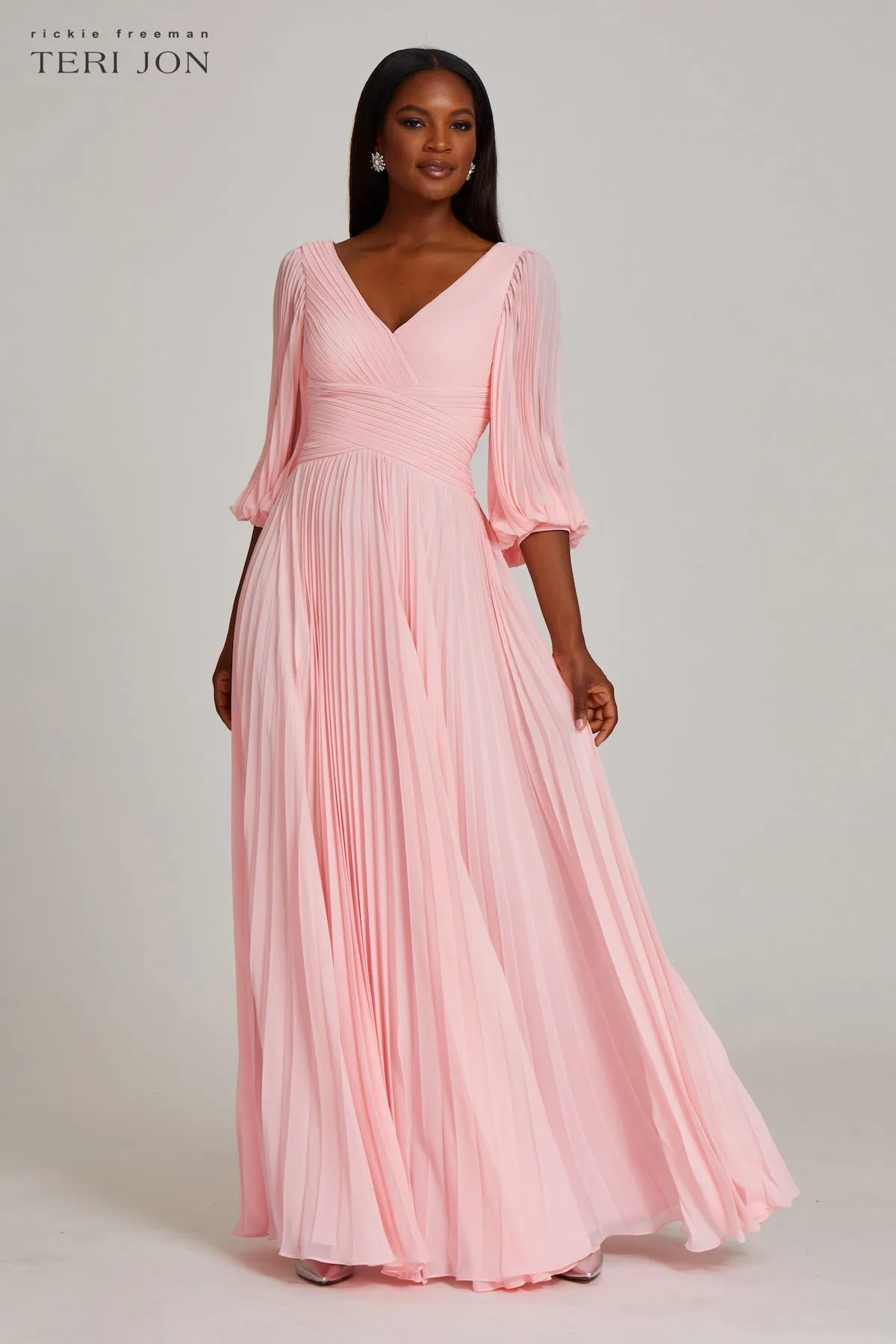 Chiffon Puff Sleeve Pleated VNeck Gown