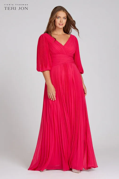 Chiffon Puff Sleeve Pleated VNeck Gown