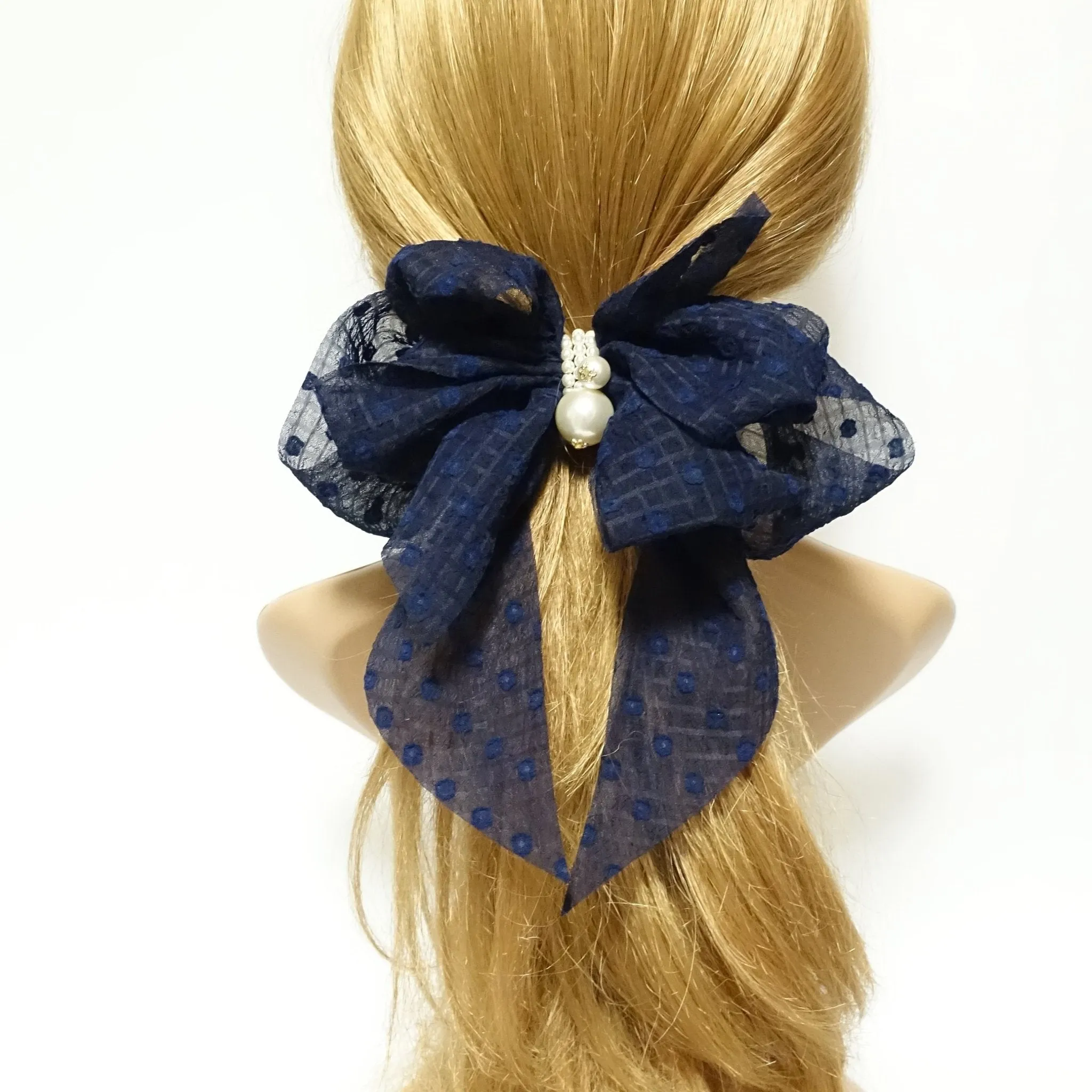 chiffon vertical stripe dot pattern hair bow with long tail french barrette women hair accessory