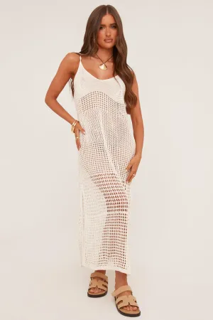 Cream Crochet Side Slit Sleeveless Maxi Dress - Sylvia