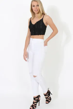 Crochet Black Button Front Crop Top- Georgie