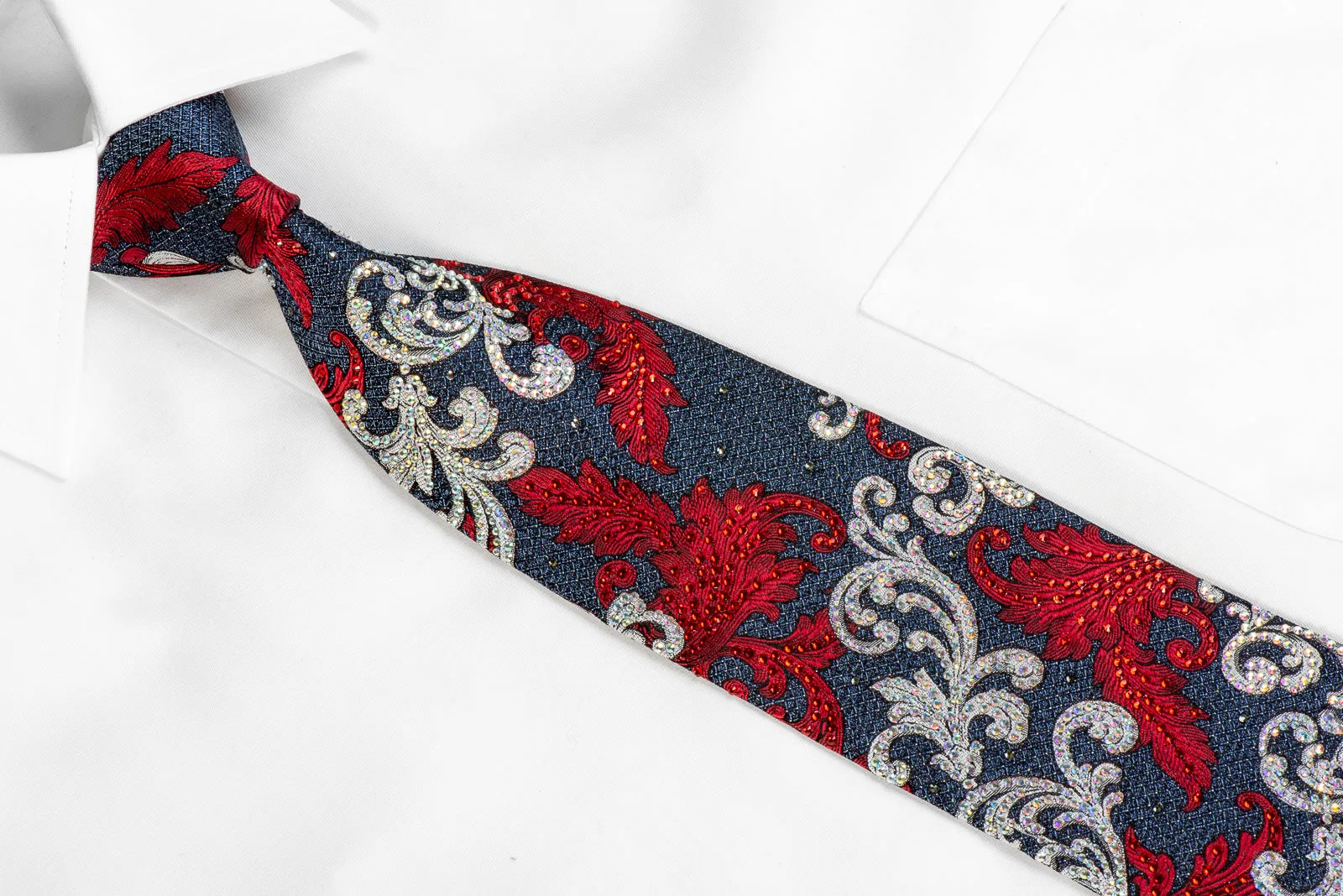 Daks Men's Silk Rhinestone Necktie Red Silver Acanthus On Navy