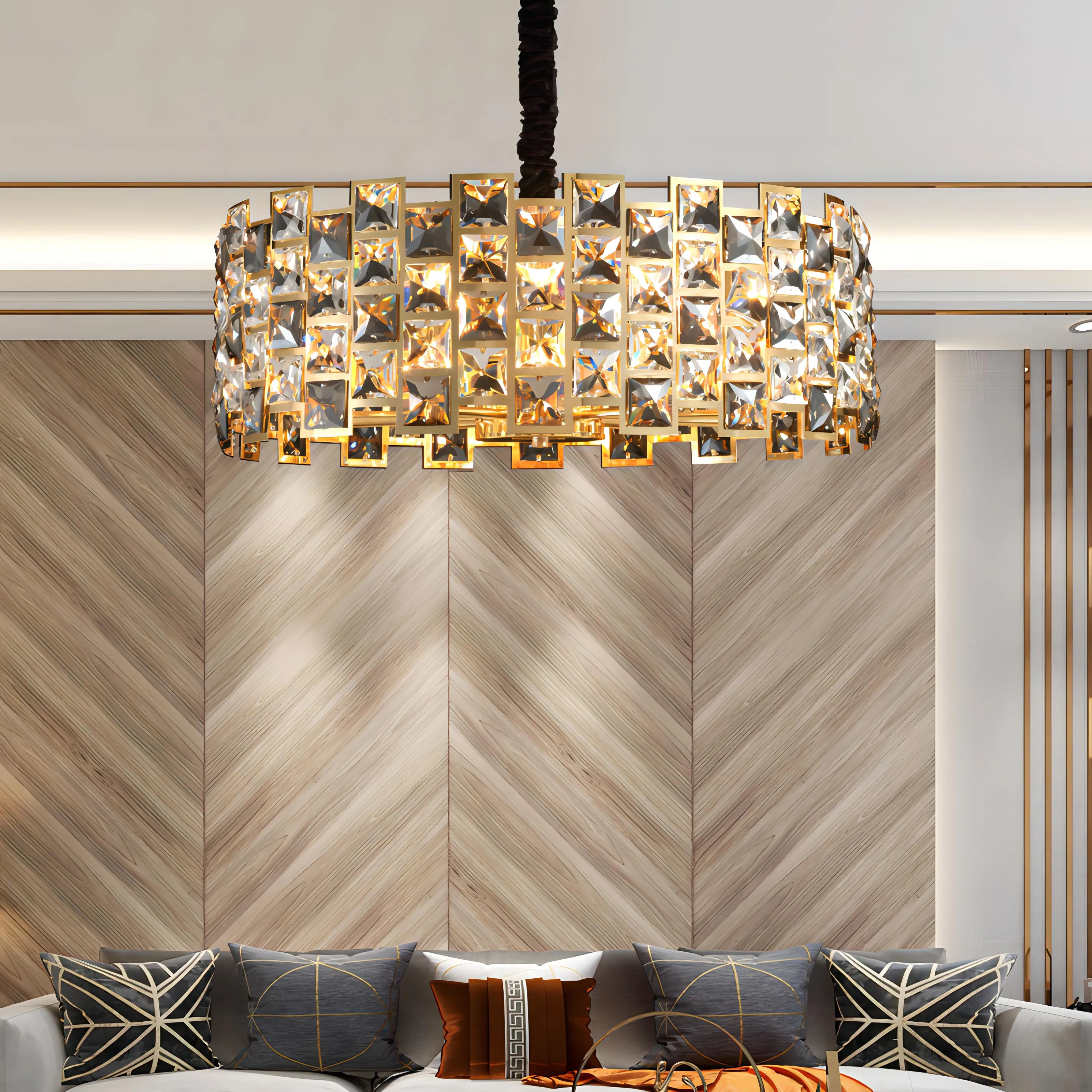 Emir - Round Gold Crystal Patterned Glass Chandelier