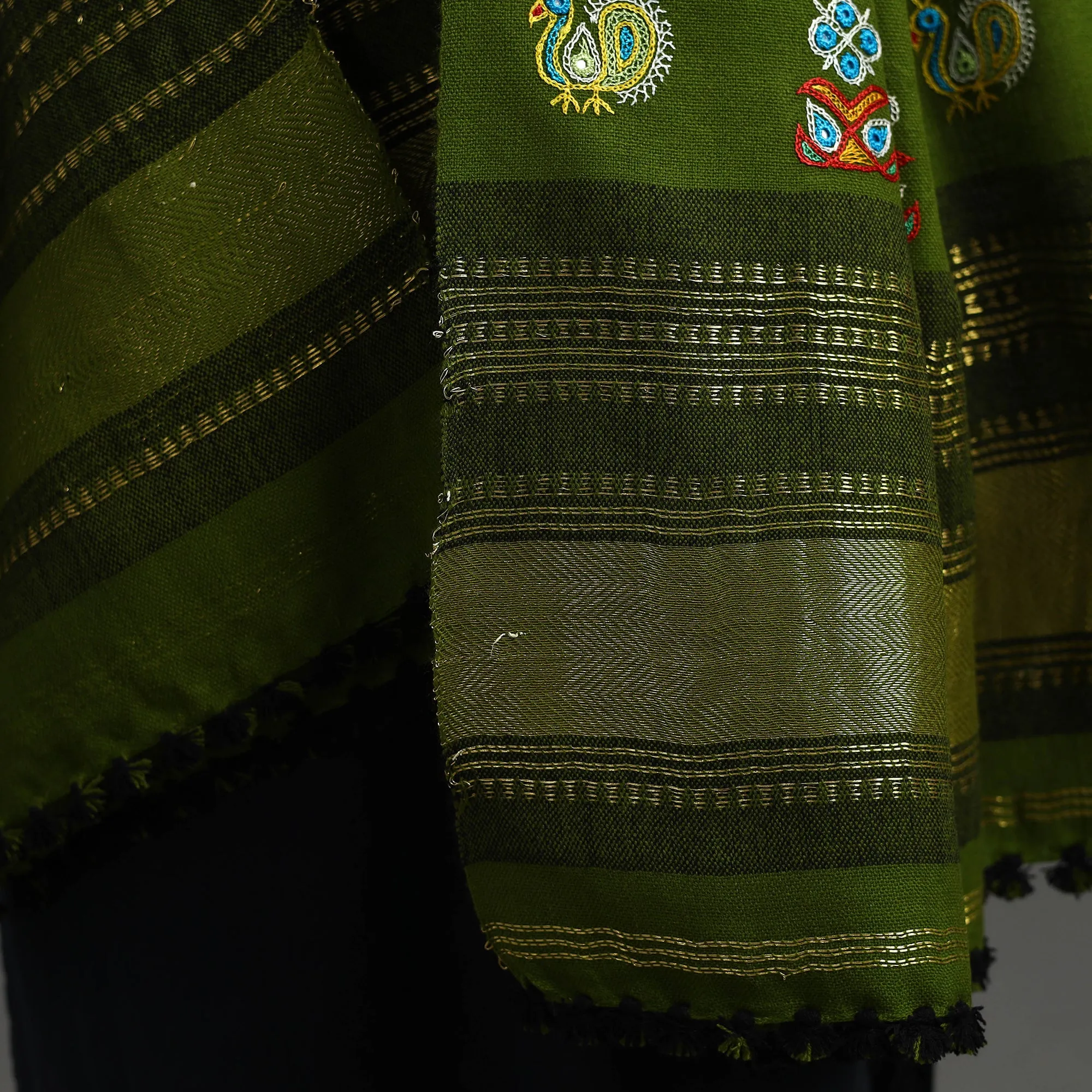 Green - Kutch Ahir Hand Embroidery Woollen Shawl 36