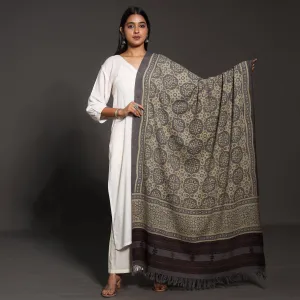 Grey - Kutch Traditional Ajrakh Block Printed Handwoven Pure Wool Shawl