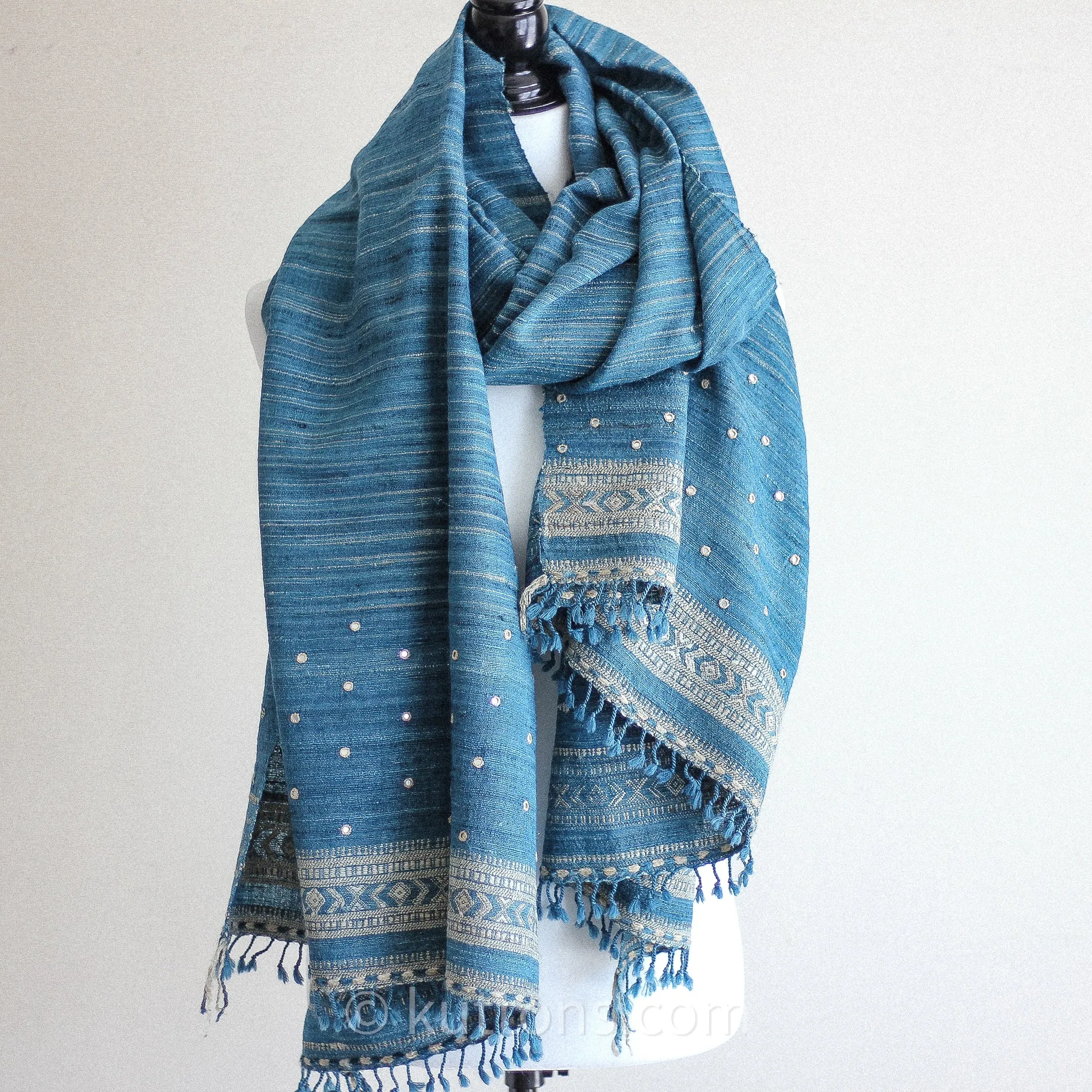 Handspun & Handwoven Tussar Silk, Merino Wool Shawl - With Mirror Embroidery | Blue, Golden Brown, 37x84"