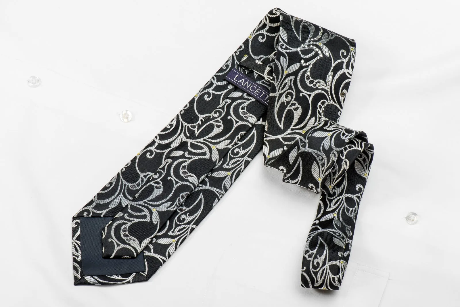 Lancetti Men's Crystal Silk Necktie Silver Vines On Black Sparkling With Rhinestones