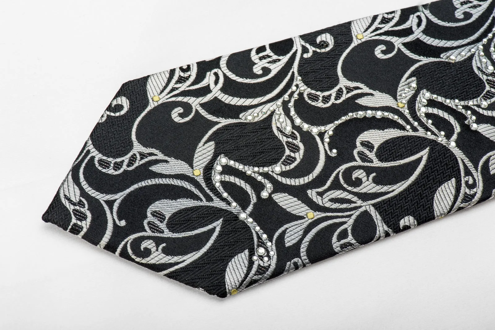 Lancetti Men's Crystal Silk Necktie Silver Vines On Black Sparkling With Rhinestones