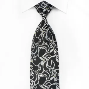 Lancetti Men's Crystal Silk Necktie Silver Vines On Black Sparkling With Rhinestones