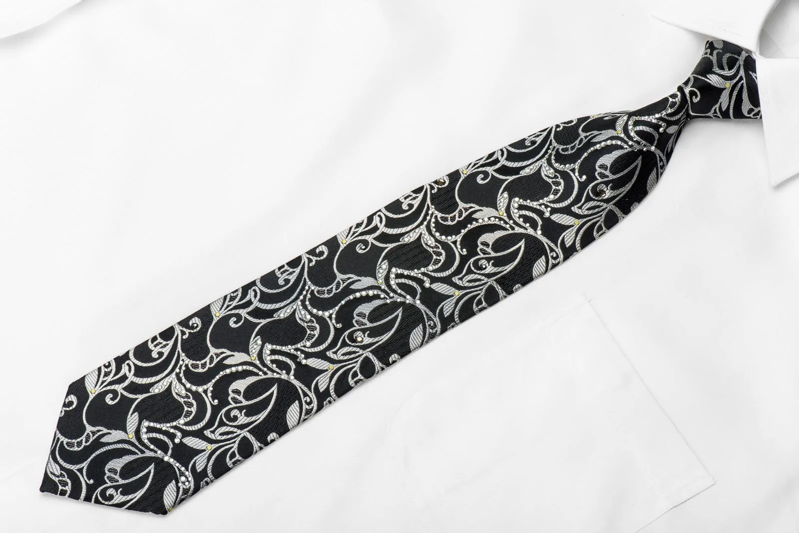 Lancetti Men's Crystal Silk Necktie Silver Vines On Black Sparkling With Rhinestones