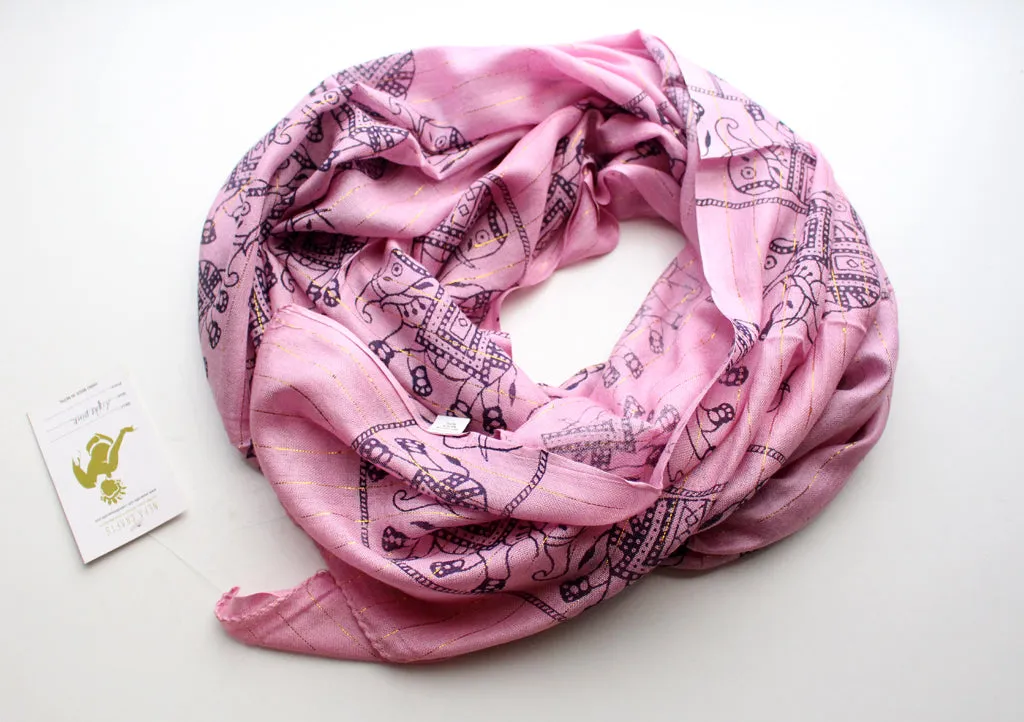 Light Pink Cotton Meditation Scarf with Elephant Print, Jari Shawl/Scarf