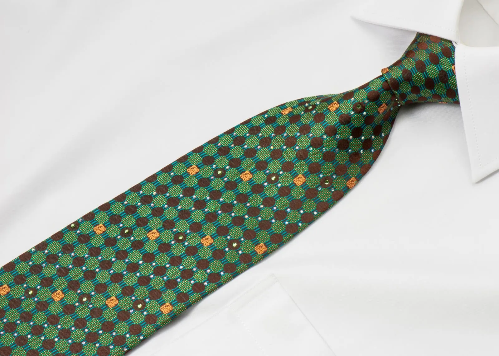 Louis Quatorze Men's Silk Necktie Emerald Geometric Design On Brown With Rhinestones