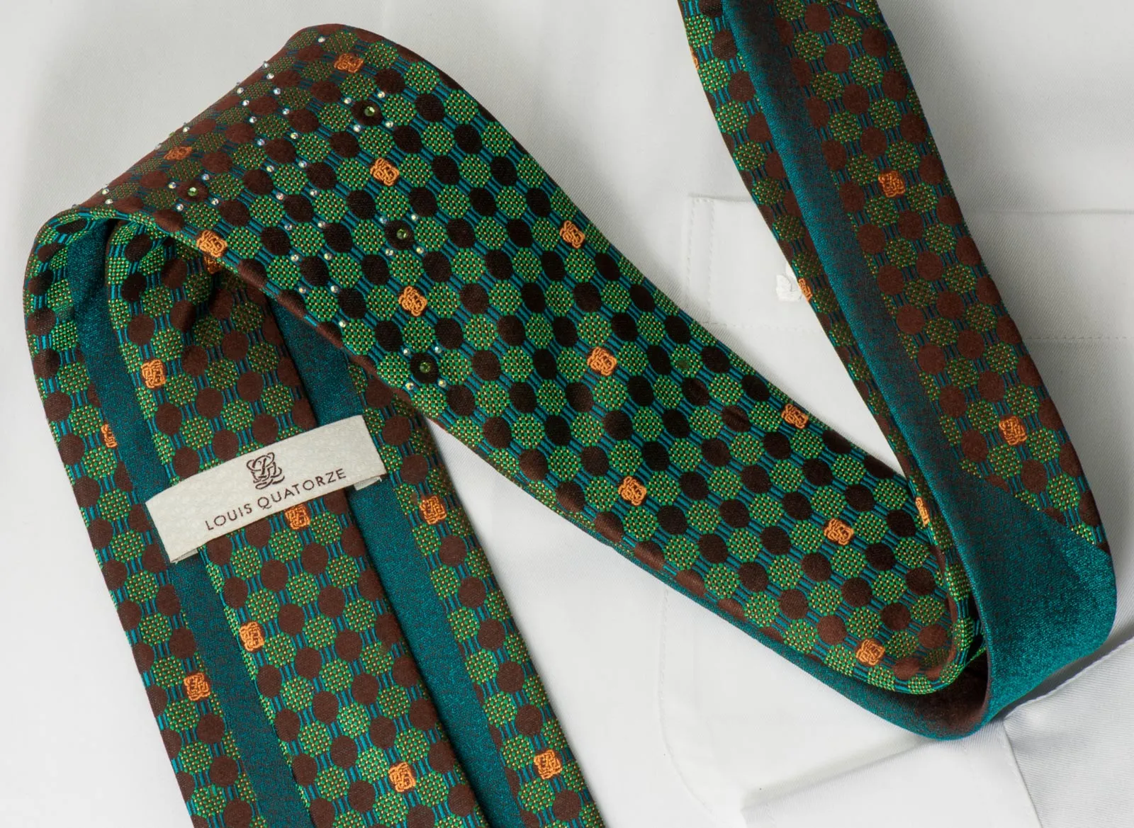 Louis Quatorze Men's Silk Necktie Emerald Geometric Design On Brown With Rhinestones