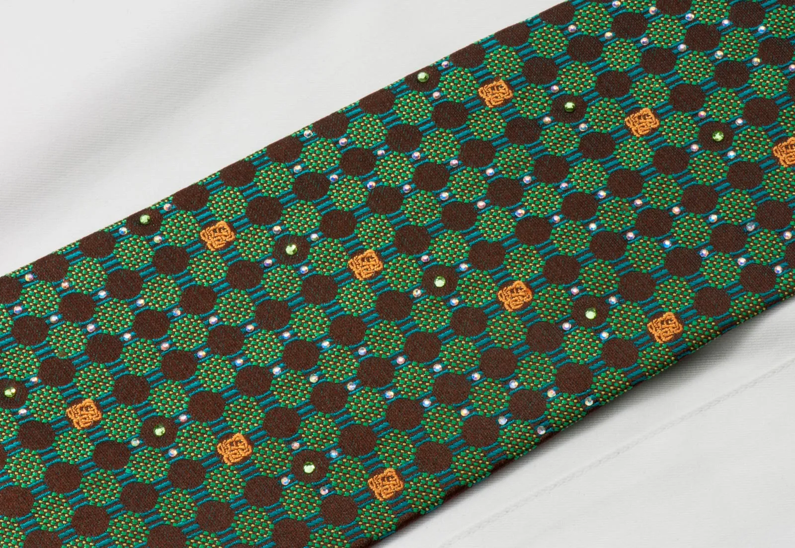 Louis Quatorze Men's Silk Necktie Emerald Geometric Design On Brown With Rhinestones