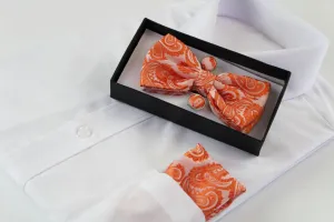 Mens Orange Paisley Matching Bow Tie, Pocket Square & Cuff Links Set