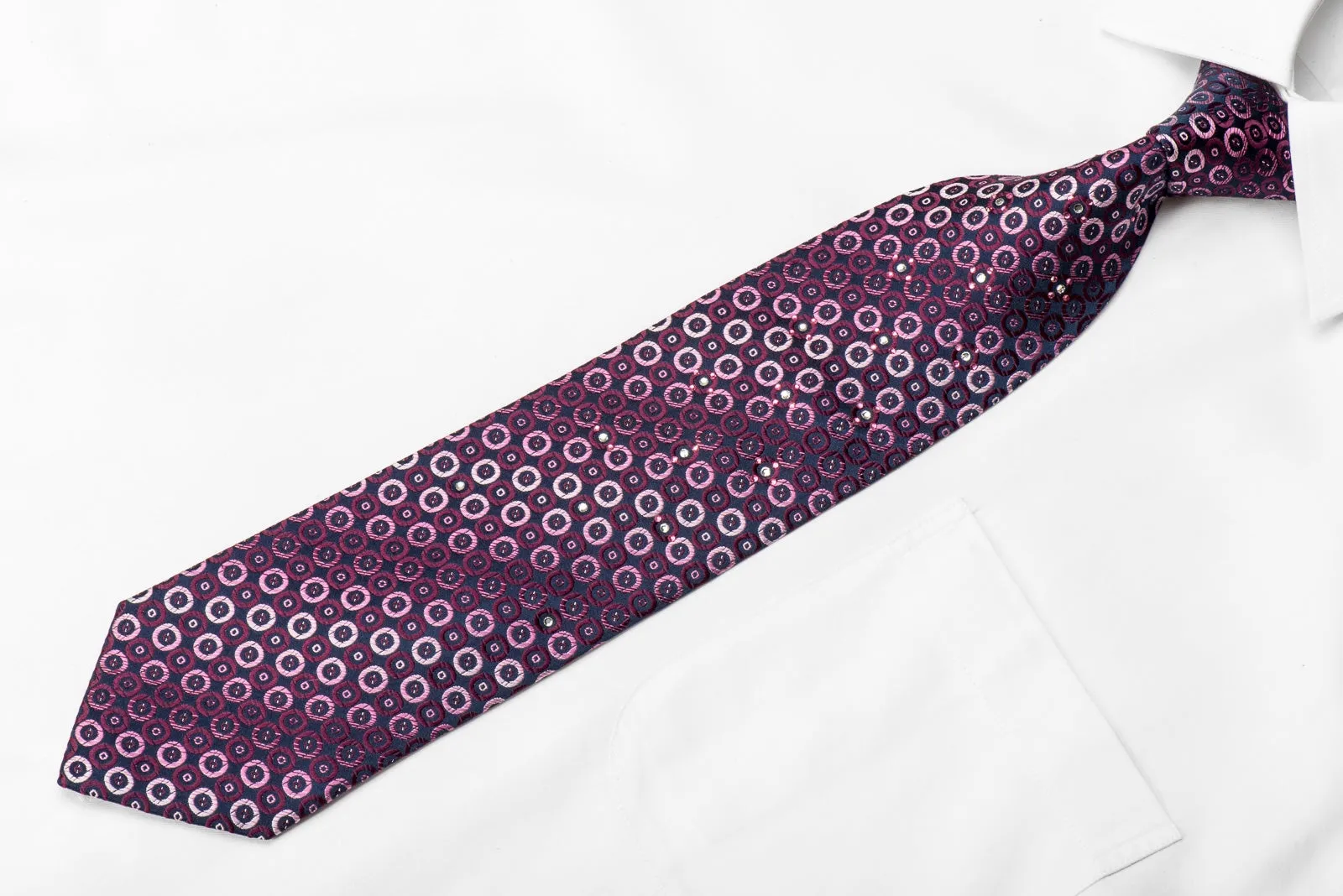 Micheal Angelo Men's Crystal Silk Necktie Purple Geometric Dots On Navy With Silver Sparkles