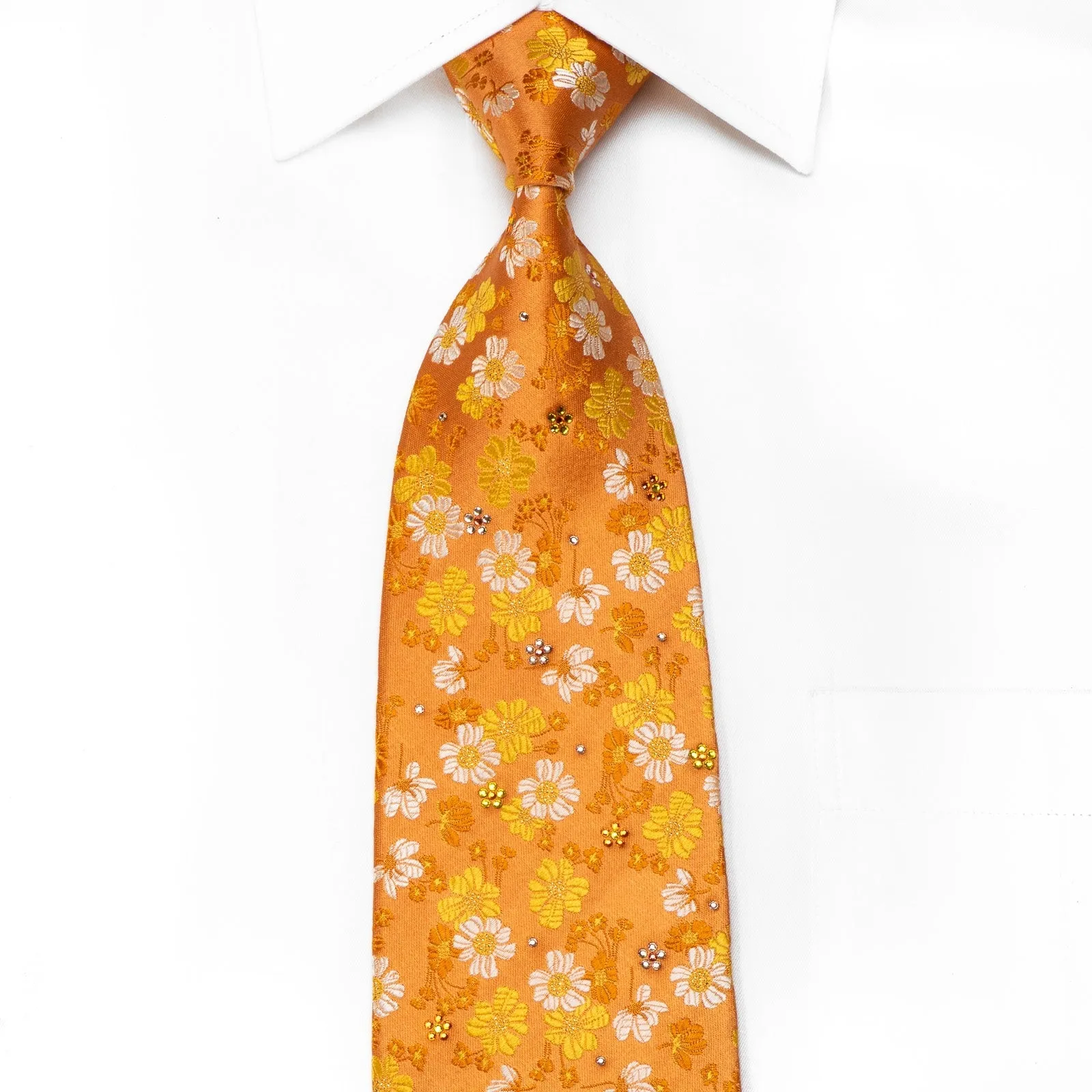 Mila Schon Mens Crystal Silk Necktie Floral On Orange With Silver Sparkles