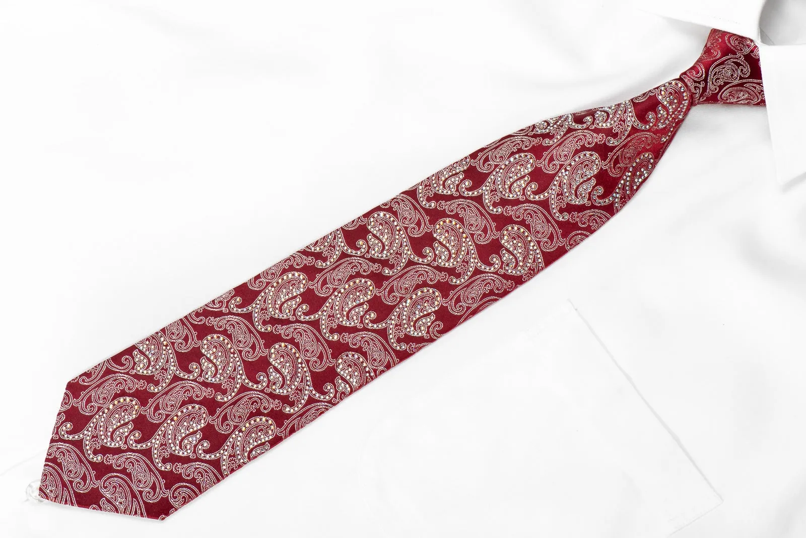 Mila Schon Men's Crystal Silk Tie Silver Paisley On Burgundy With Silver Sparkles