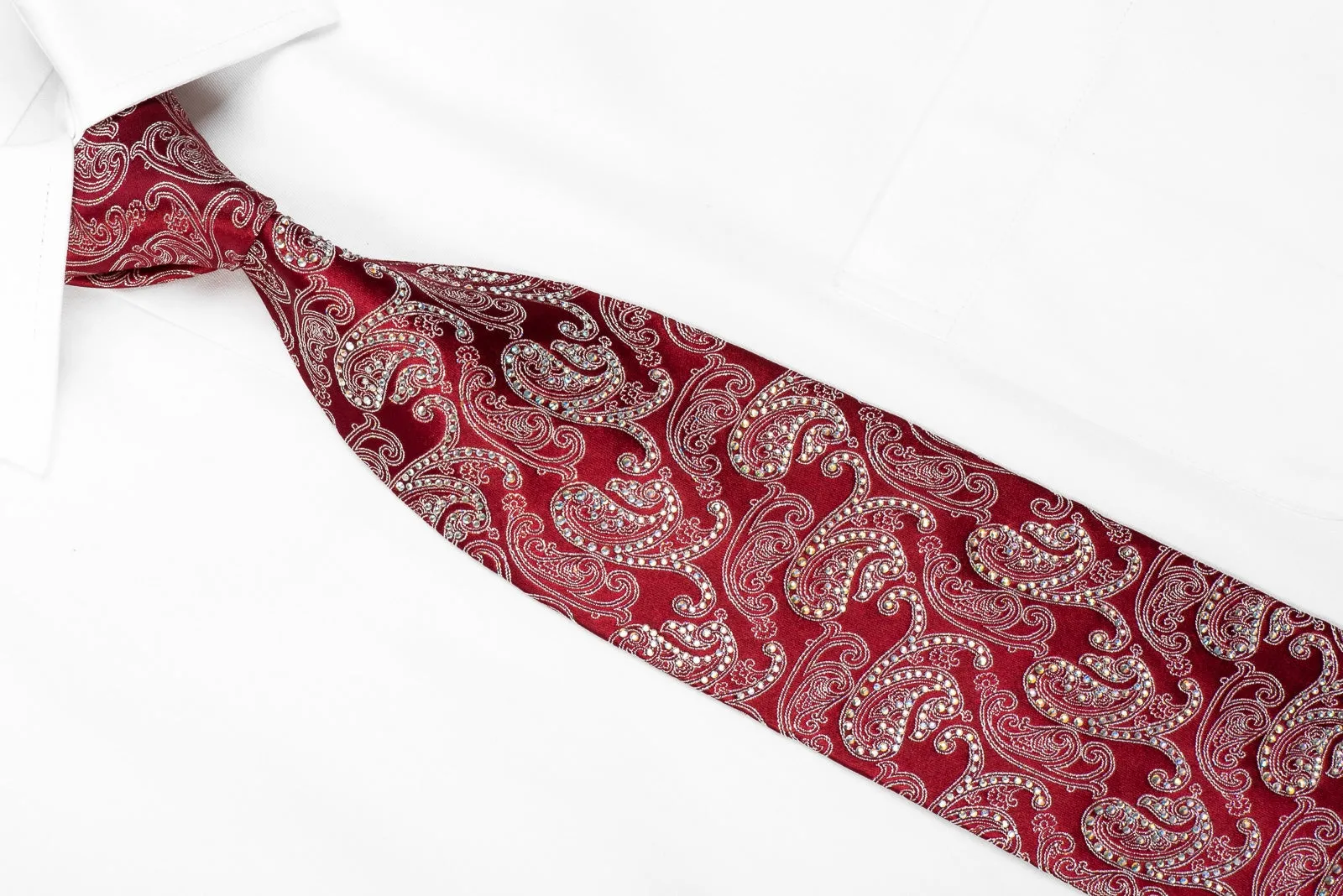 Mila Schon Men's Crystal Silk Tie Silver Paisley On Burgundy With Silver Sparkles