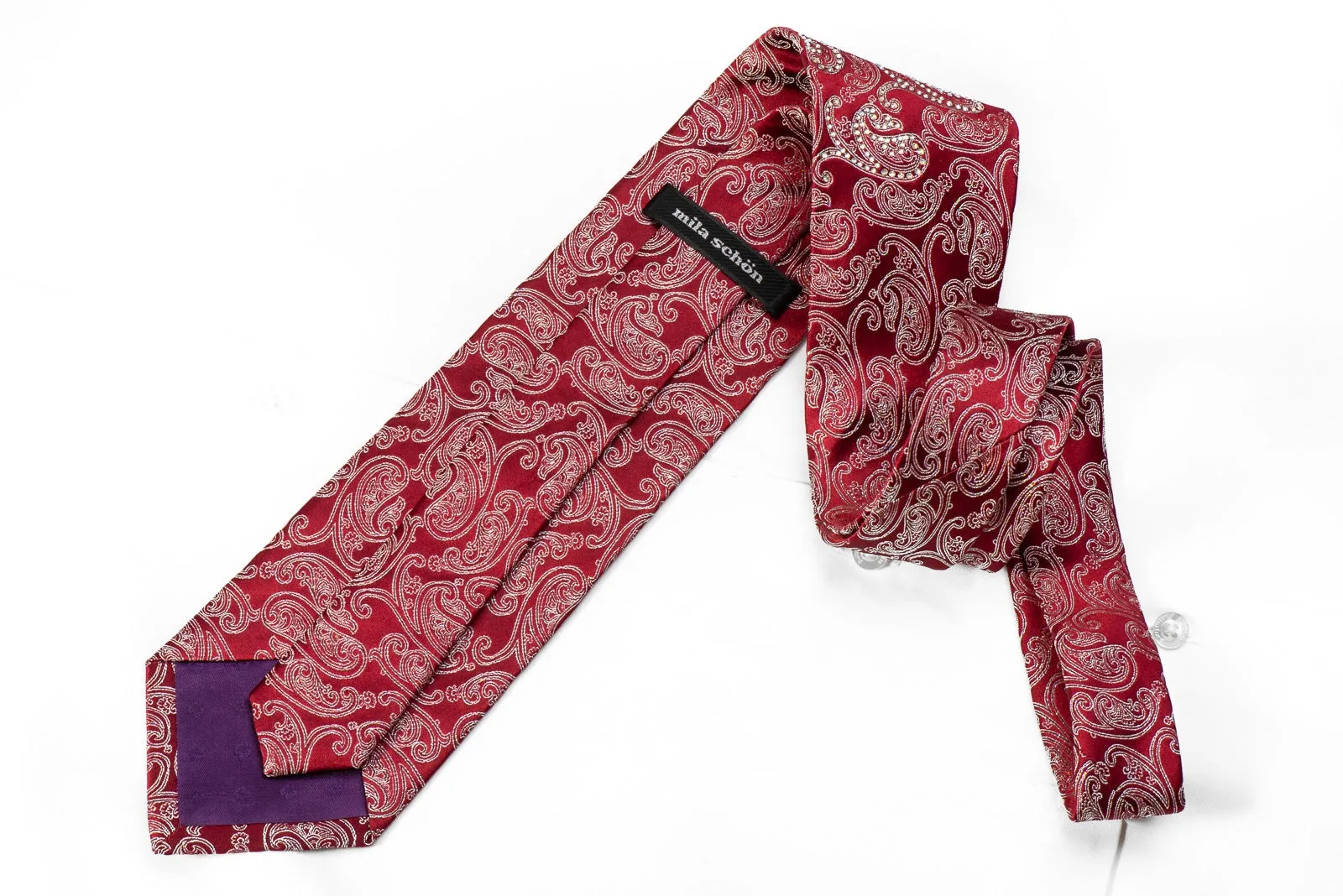 Mila Schon Men's Crystal Silk Tie Silver Paisley On Burgundy With Silver Sparkles