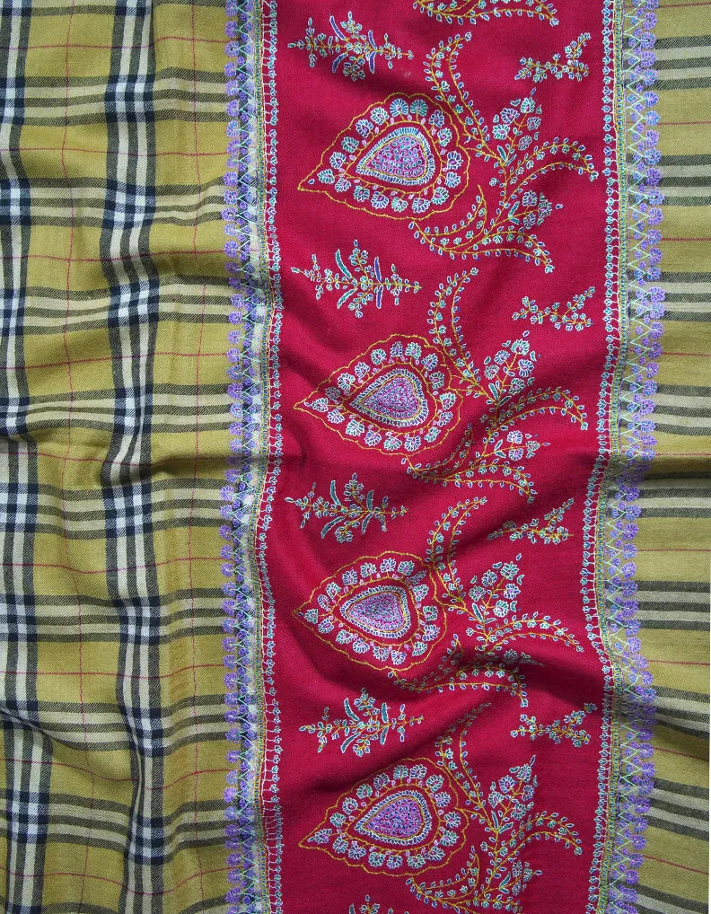 mustard and imperial red check striped embroidery pashmina shawl 8747