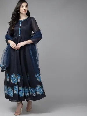 Navy Blue Floral Printed Chanderi Silk Anarkali Kurta With Dupatta