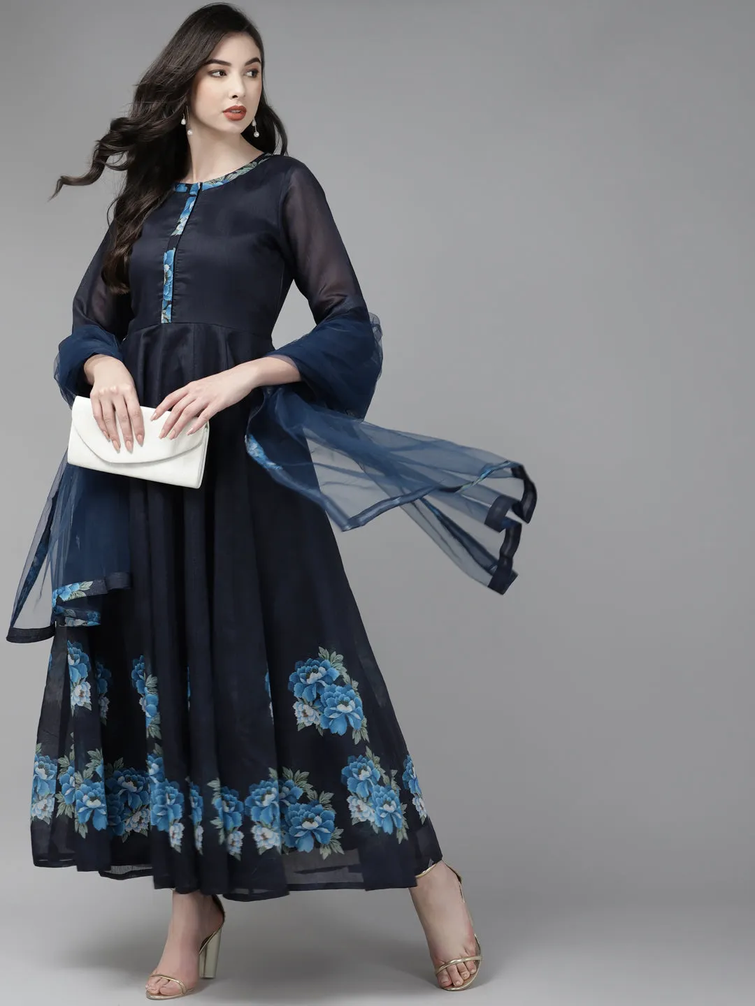 Navy Blue Floral Printed Chanderi Silk Anarkali Kurta With Dupatta