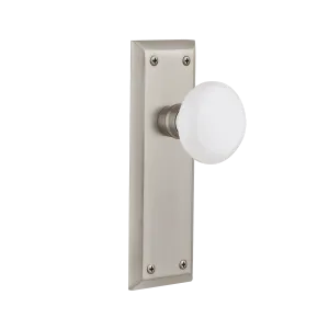 New York Long Plate with White Porcelain Knob in Satin Nickel