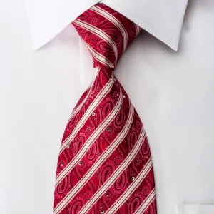 Perry Ellis Rhinestone Silk Necktie Silver Striped On Red Paisley With Silver Sparkles