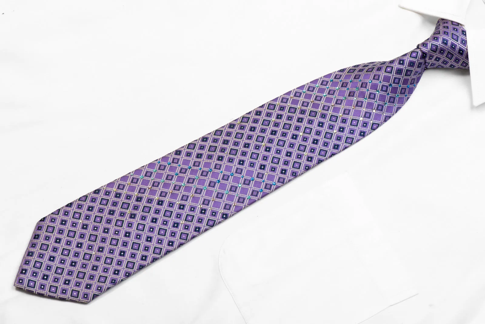 Pierre Cardin Men's Silk Necktie Silver Trellis On Mauve With Rhinestones & Sparkles