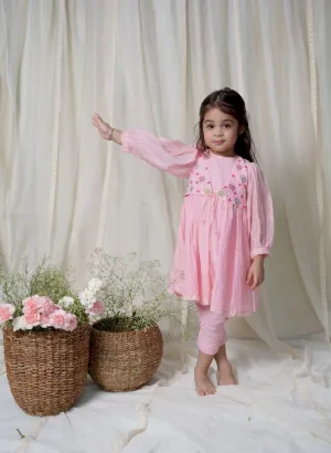 Pink Peony Faux Jacket Kurta Set For Girls