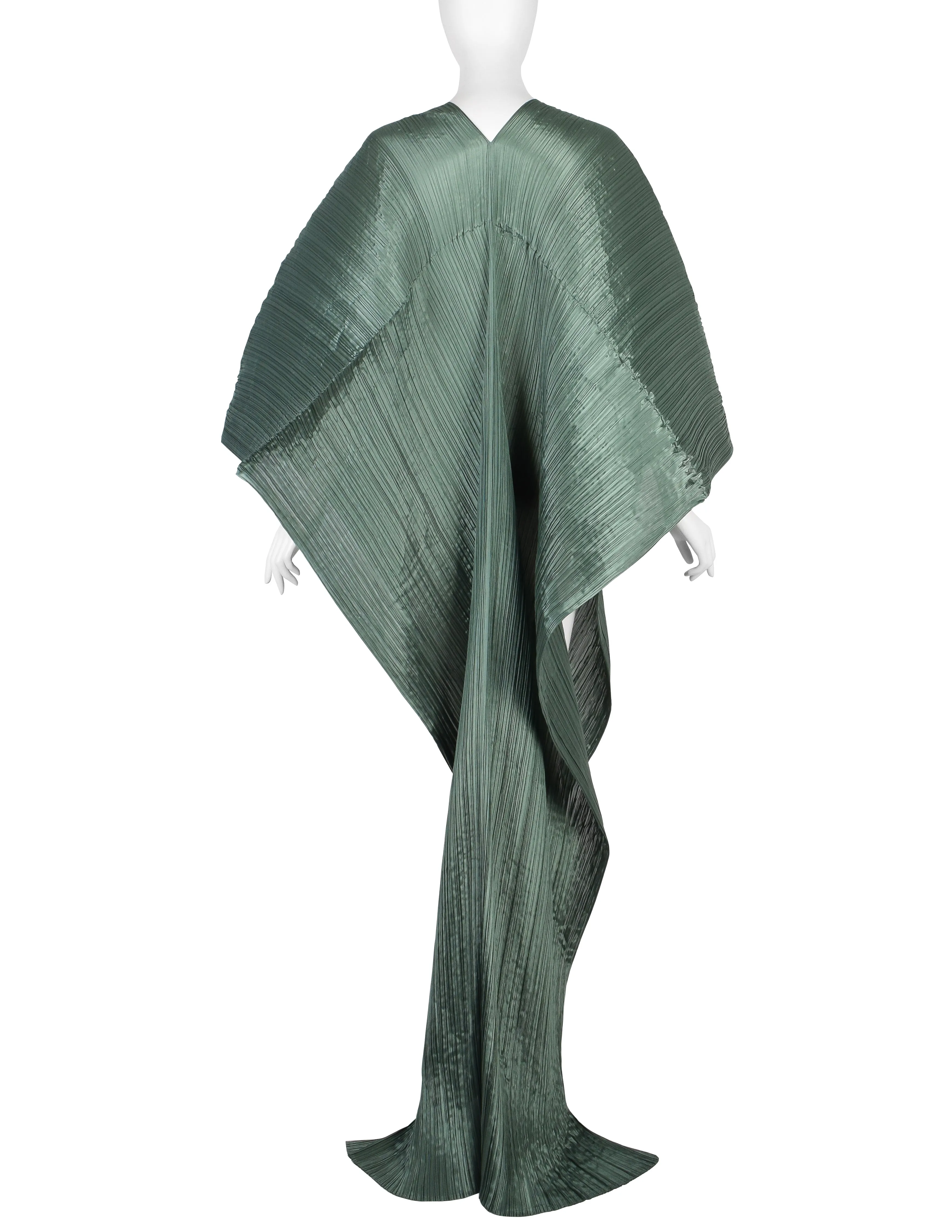 Pleats Please by Issey Miyake Metallic Sage Dramatic Madame T Wrap Cape Tunic Caftan Dress