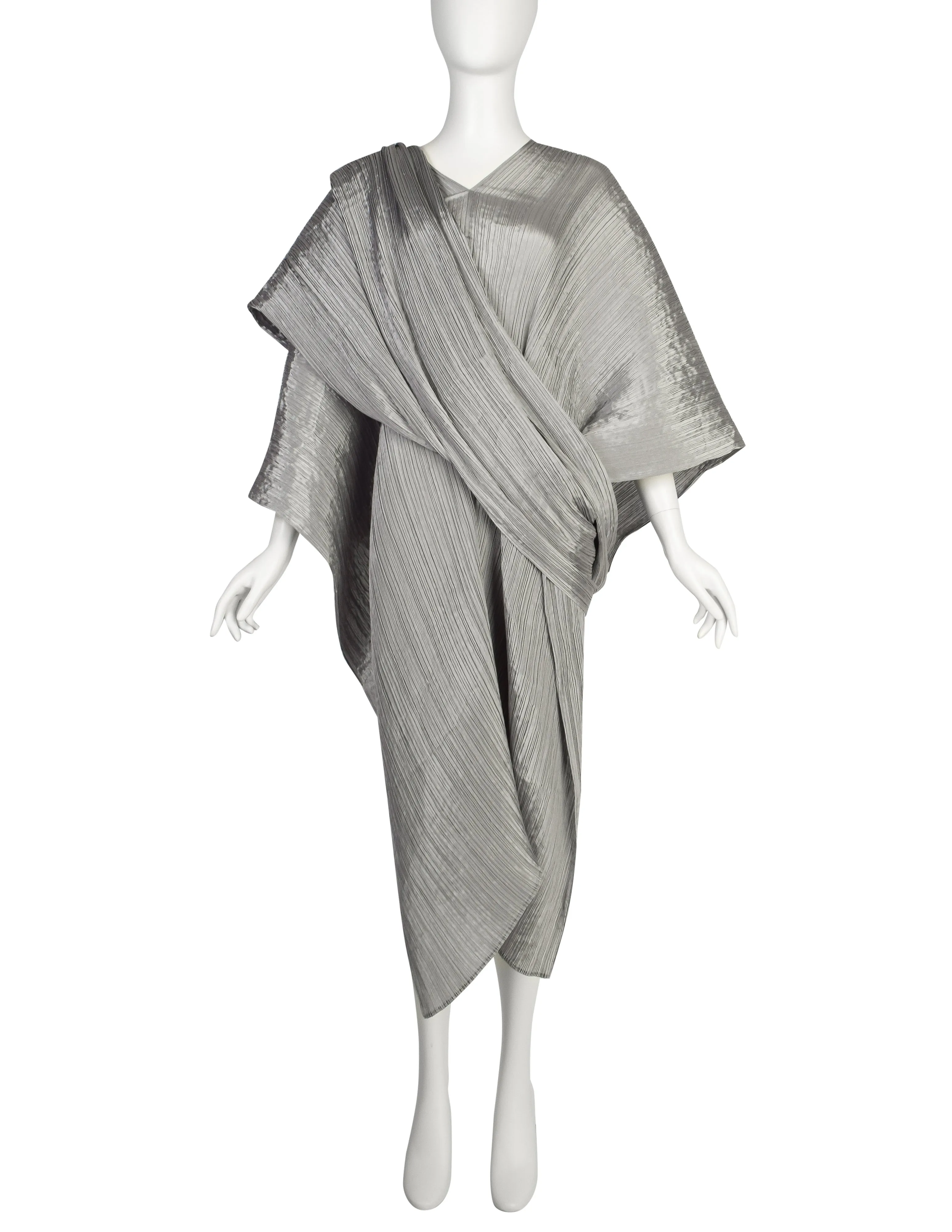 Pleats Please by Issey Miyake Metallic Sage Dramatic Madame T Wrap Cape Tunic Caftan Dress