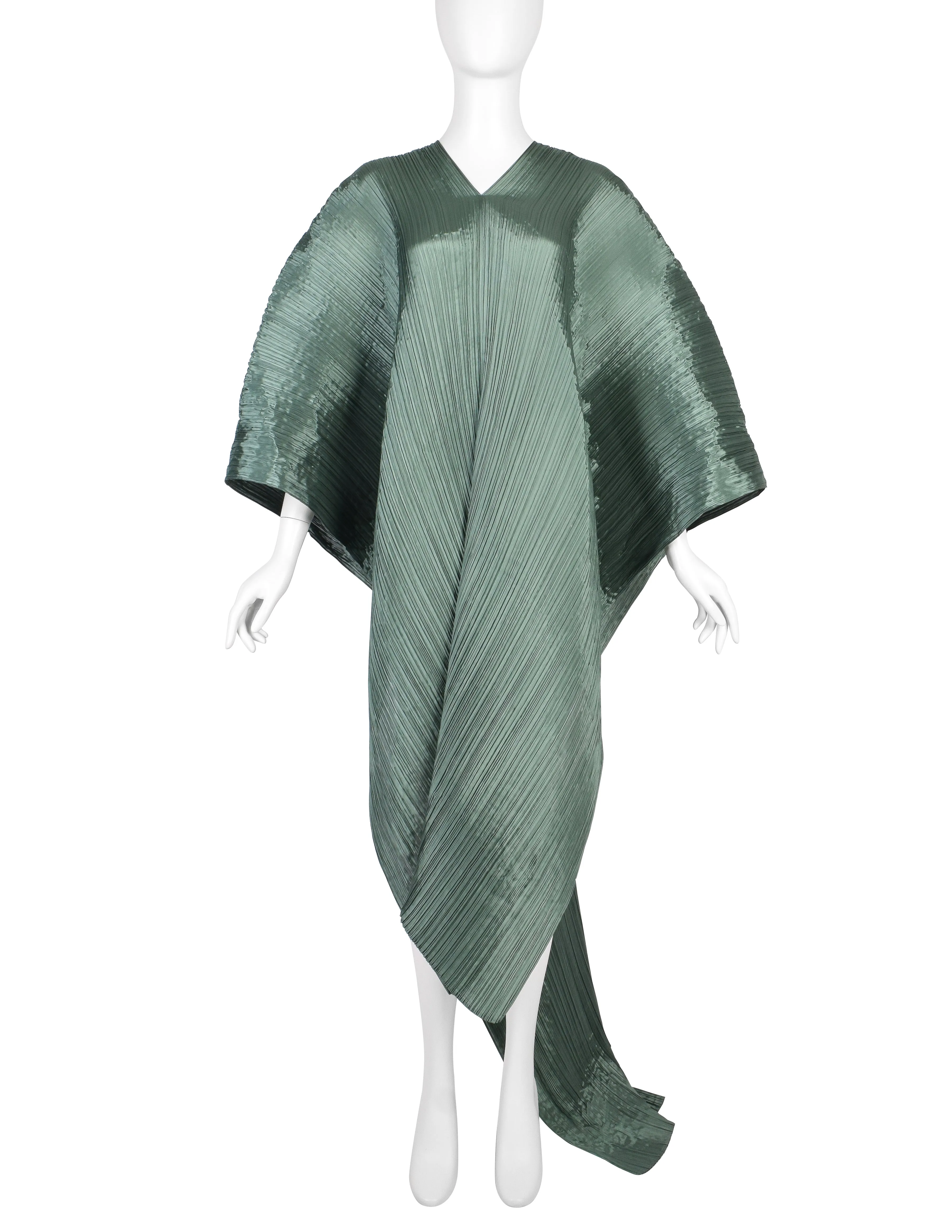 Pleats Please by Issey Miyake Metallic Sage Dramatic Madame T Wrap Cape Tunic Caftan Dress