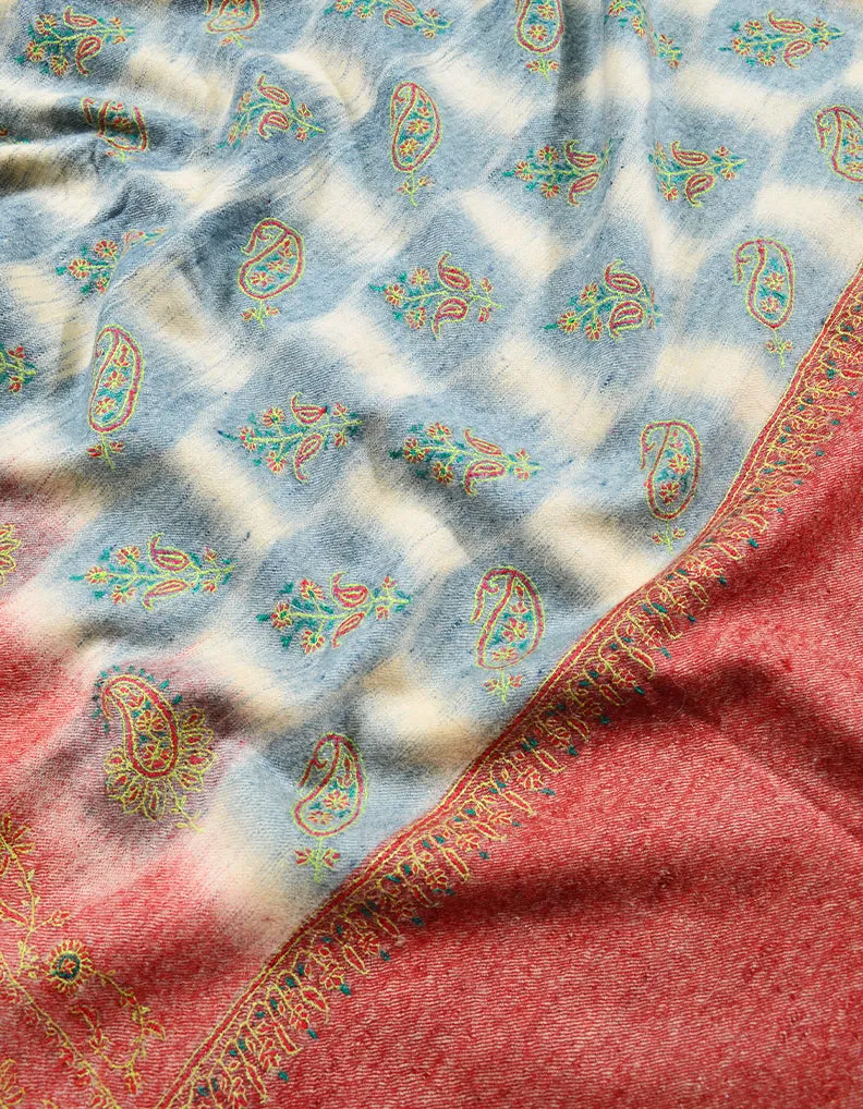 Red and blue check Embroidery Pashmina Shawl 7754