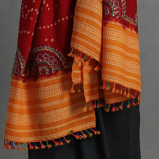 Red - Handwoven Merino Wool Bandhani Shawl w/ Neran Embroidery 43