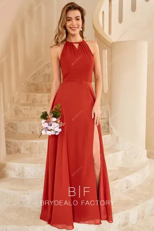 Red Keyhole Neck Sleeveless A-Line Slit Modern Dress