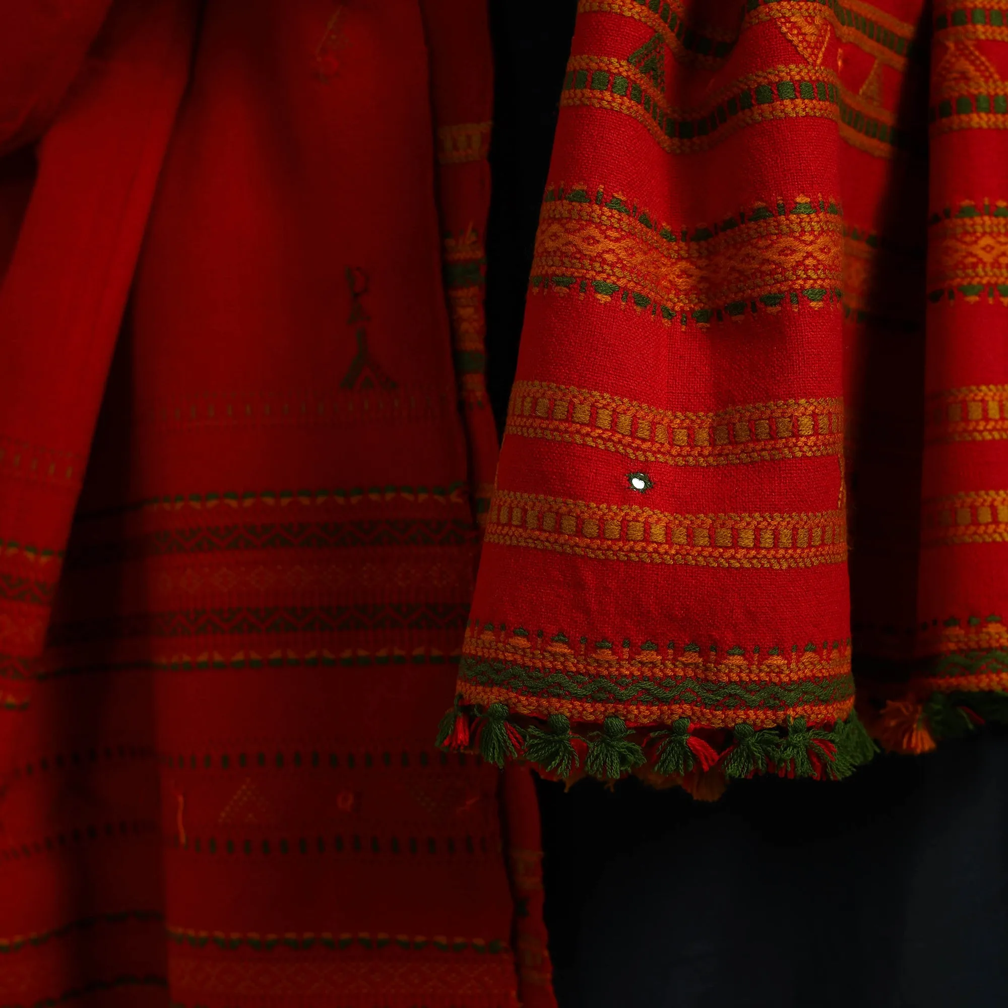 Red - Kutch Handwoven Mirror Work Woollen Shawl 97