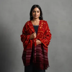 Red - Kutch Mirror Work Handwoven Bandhani Bagida Woolen Shawl 53